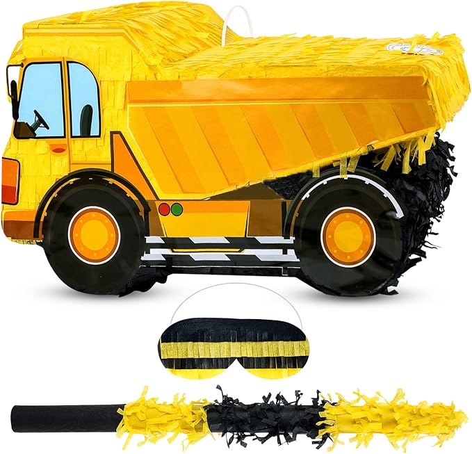 Small Dump Truck Pinata Bundle with a Blindfold and Bat(16 x 9 x 6.5 Inches), Kids Excavator Pinata for Construction Birthday Parties, Boys Birthday Party Supplies
