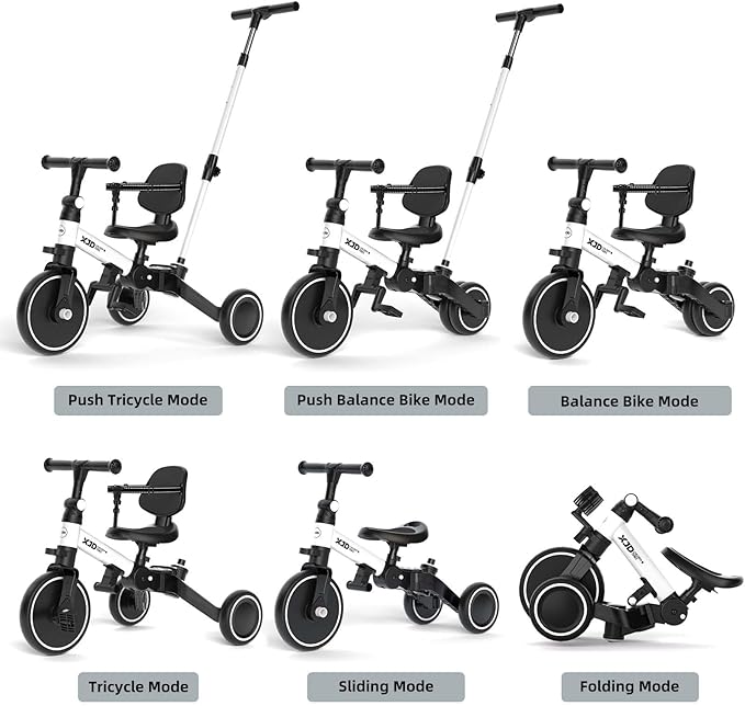 XJD Toddler Bike, 6 in 1 Folding Toddler Tricycle for 1-4 Year Old with Parental Control Handle, Balance Bike with Removable Pedal, Backrest, Adjustable Seat Height, First Birthday Gifts (White)