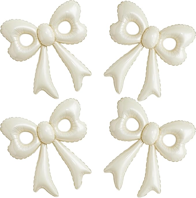 4 Pcs Cream Bow Balloons, 31”Huge Beige Bow Aluminum Foil Balloons for Birthday, Baby Shower, Wedding, Bridal, Engagement, Bachelorette, Gender Reveal, Princess Party Decorations Supplies