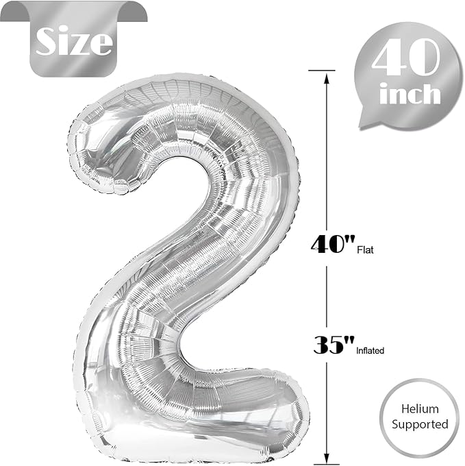 Silver Number 2 Balloon 40 Inch, 2nd Birthday Decoration for Toddlers Girls Boys, Sparkling 2 Number Balloon Party Decor