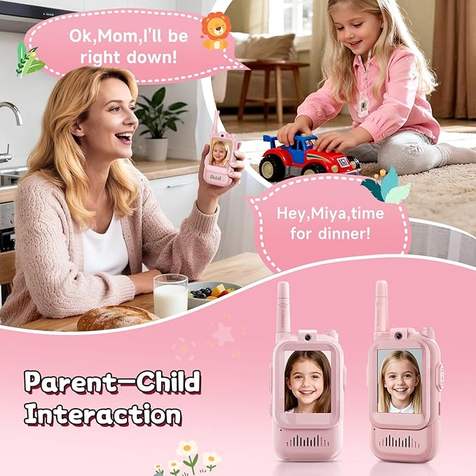Video Walkie Talkies for Kids, Handheld 2 Pack Rechargeable Video Intercom Kids Walkies Talkies, Indoor Outdoor Toys for Family Games, Outside, Camping, Hiking for Boys Girls Ages 3-12 (Pink/Pink)