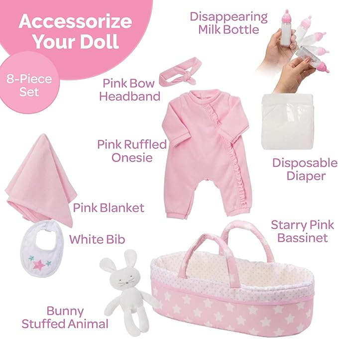Adora Adoption Babies Essentials, 8-Piece Adoption Baby Doll Accessories and Bunny Toy includes Pink Bassinet, Ruffled Onesie, Headband, Blanket, and Bottle Birthday Gift For Ages 3+ - It's A Girl