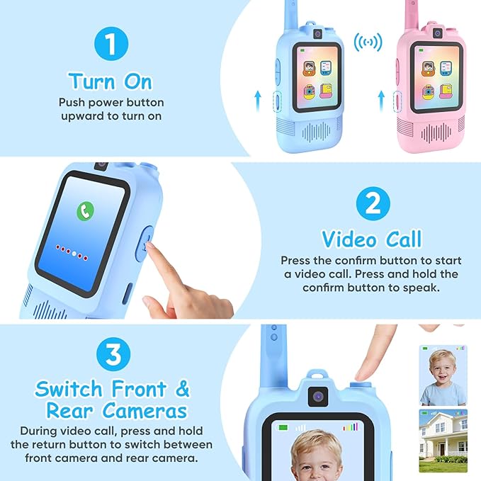 Video Walkie Talkies for Kids with Front and Rear Cameras, 2 Pack Rechargeable Kids Walkie Talkies with Real-Time Video, Long Range Walkie Talkie Toys for Camping Hiking Indoor Outdoor Boys Girls