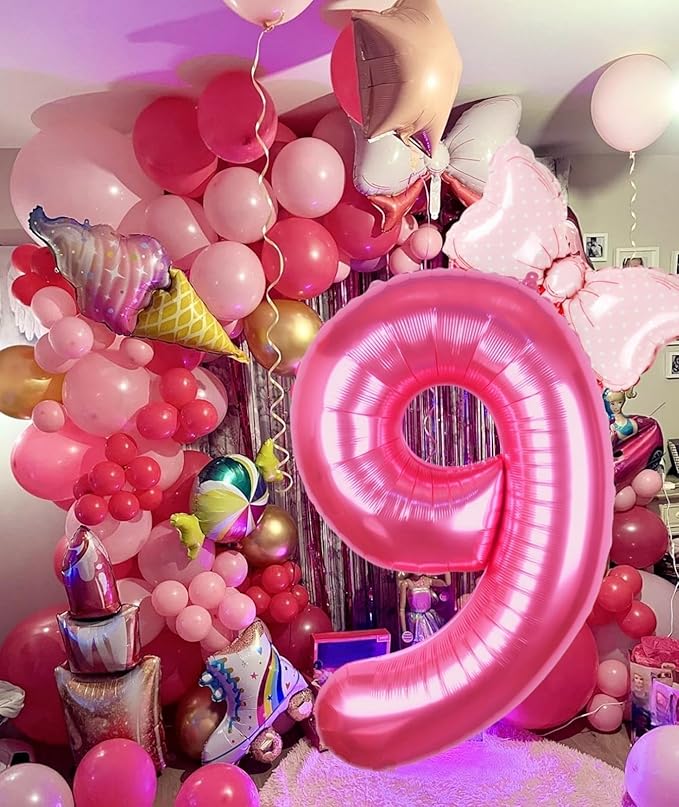 40 Inch Pink Number 9 Balloon with Mini Bow Balloon for Girls 9th Birthday Decorations, Pink Princess Western Cowgirl Theme Sweet Nine Birthday Party Balloons Decorations Supplies Favors