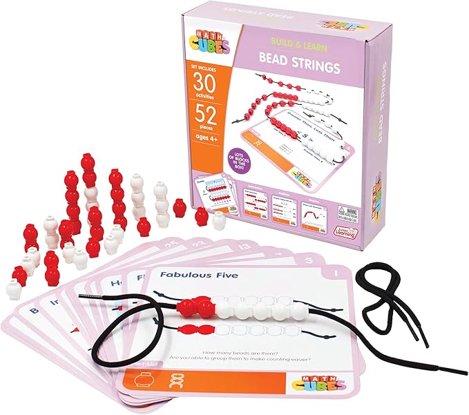 Junior Learning: Mathcubes - Bead Strings - 30 Activity Set, Build & Learn, Beads & Boards Hands On Math, Developmental & Education Set, Kids Ages 4+