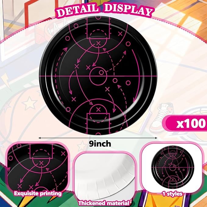 Qinyoung 100 Pcs Basketball Paper Plates 9" Disposable Birthday Party Plates Dinner Dessert Tableware Supplies for Basketball Sports Themed Birthday Game Day Party Decorations, Serves 50(Black,Pink)