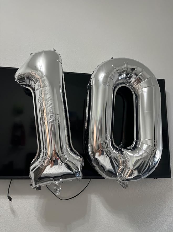 40 Inch Silver Number 10 Digital Balloon,Jumbo Mylar Foil Helium Balloon for 10 Balloons for Birthday Party,Wedding Anniversary Party Decorations