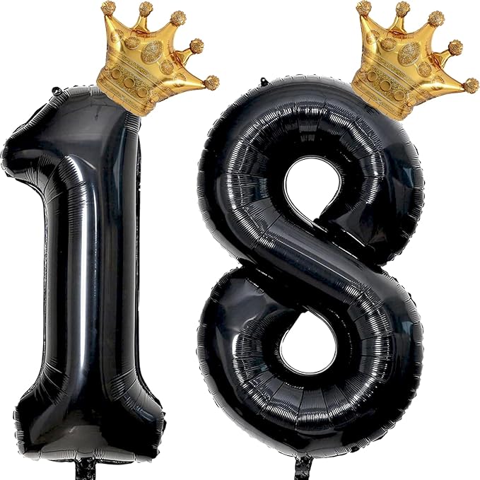 40 inch Large Black 18 Balloon Number with Gold Crown Balloons 18th Birthday Big Foil Mylar Helium Balloon for Boys Girls 18th Birthday Anniversary Decorations Supplies Favors(Number 18 Balloons）