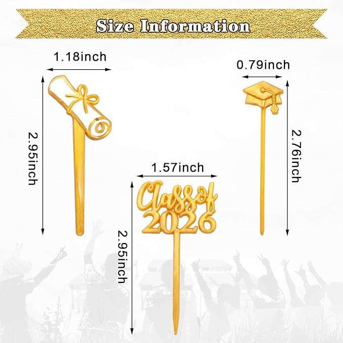 Boao 90 Pieces Class of 2026 Theme Graduation Cake Topper Plastic Cupcake Picks Graduation Cupcake Decorations for Party Supplies and Favors, 3 Styles(Gold)