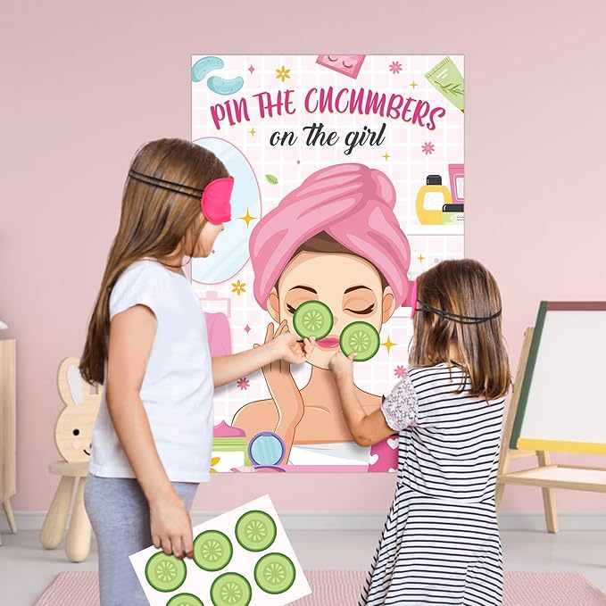 Hxezoc Spa Party Games Pin The Cucumbers on The Girl With 42 Pcs Cucumber Stickers, Large Spa Party Games Poster for Kids Girls Women Spa Birthday Party Carnival Supplies