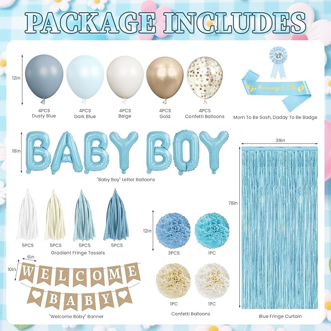 Dusty Blue Baby Shower Decorations Set with Welcome Baby Banner & Paper Fringe - Mom To Be Sash, Daddy To Be Badge, Light Blue Balloons, Paper Lantern, Pom Poms for Boy Gender Reveal Party Supplies