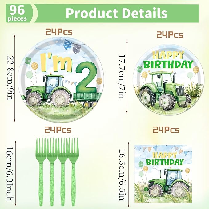 Rakuto Tractor 2nd Birthday Decorations Supplies, 96PCS Tractor Party Plates Napkins and Forks Set, Disposable Farm Two Years Old Birthday Tableware for Boys Serves 24