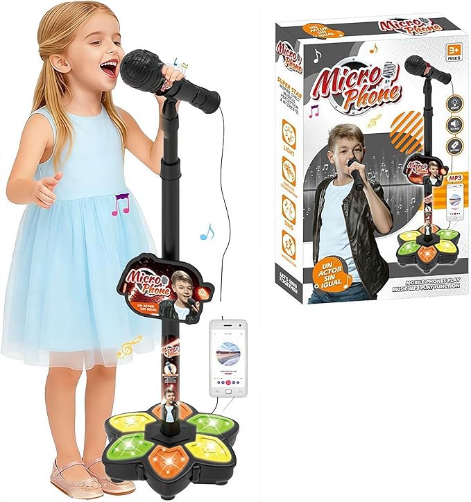 Adjustable Kids Karaoke Microphone with Stand, Extends up to 39.4” Height, Detachable Handheld Mic with LED Light Base & Type-C Adapter, Compatible with Android/iOS/PC for Singing & Parties