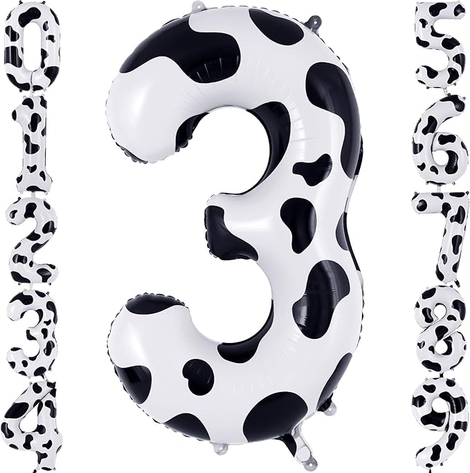Cow Print Number 3 Balloon, Large 40 Inch Cow Number Birthday Balloons, Foil Mylar Number 3 Balloons for 3 Year Old Birthday Party Decorations Supplies Animal Farm Cowboy Cowgirl Themed Party