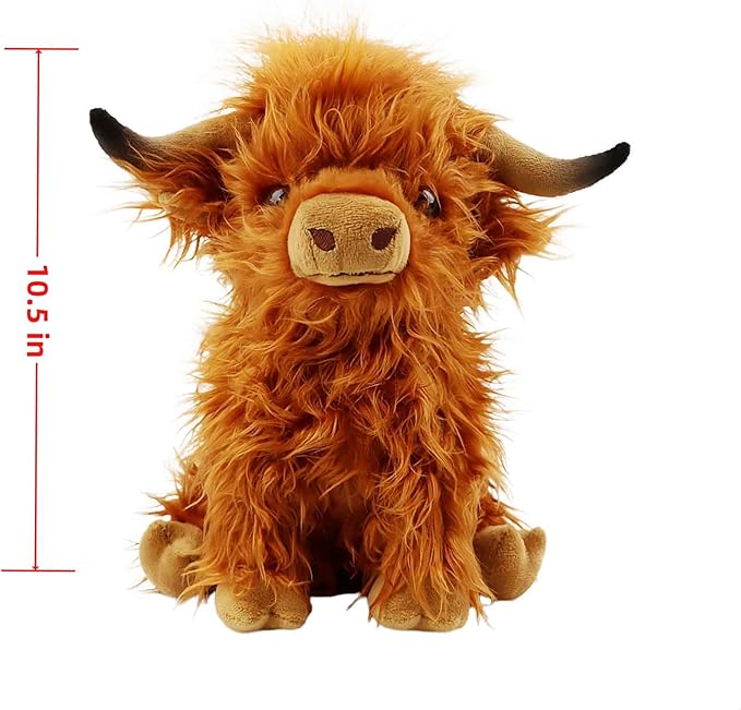 Highland Cow Stuffed Animal,10.5 inches Realistic Cow Plush Toy,Animal Cattle Plush Farm Toy,Farm Plushie Christmas Birthday Present for Boys Girls Kids Grandchildren (Brown)