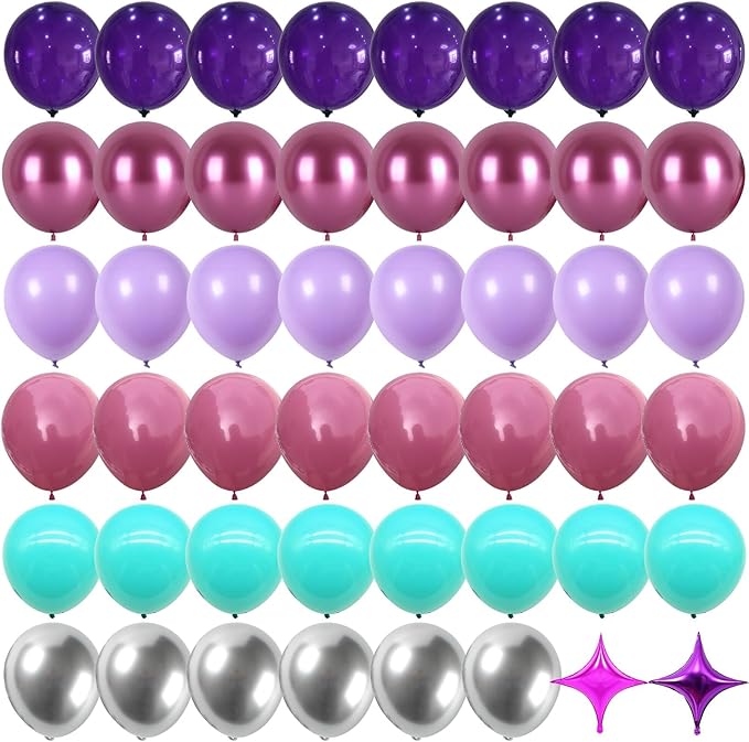 Pink Purple Blue Balloons, 62 Pcs 12 Inch Hot Pink Purple Teal Latex Balloons Violet Turquoise Silver Helium Balloon with Star Foil Balloon for Kids Magic Theme Mermaid Cartoon Birthdays Baby Shower