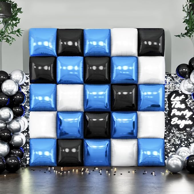 Black Blue White Square Foil Balloon Wall,25Pcs Double Sided Foil Balloons Backdrop Helium Polyester Tunnel Arch Garland Kit for Birthday Bridal Anniversary Baby Shower Party Decorations