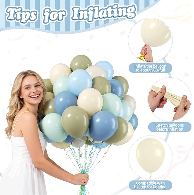 FunHot Blue Green Balloons, 50 Pcs Sage Green Blue Latex Balloon, 12 Inch Pastel Yellow Ivory Helium Balloons for Boy Baby Shower Wild Birthday Wedding Boho Gender Reveal Engagement Party Decorations