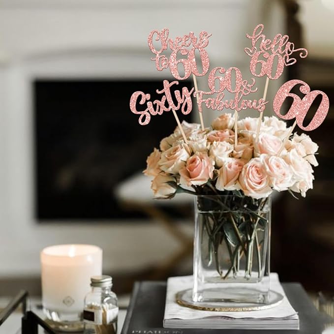 15PCS Happy 60th Birthday Centerpiece Sticks Sixty Hello 60 Cheers to 60 Table Flower Centerpieces Sticks 60 Fabulous Floral Decorations for Happy 60th Birthday Party Centerpieces Supplies Rose Gold