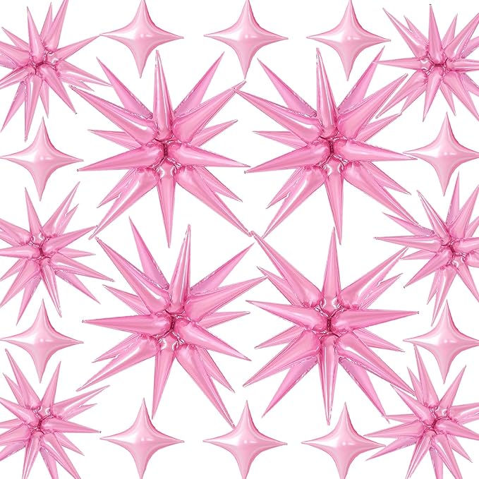 20 Pcs Star Balloons Explosion Foil Balloon- 12 Point 27”22”Pink Spike Balloons and Four Pointed Star Balloon for Party Supplies Christmas Birthday Wedding Photo Booth (Pink)