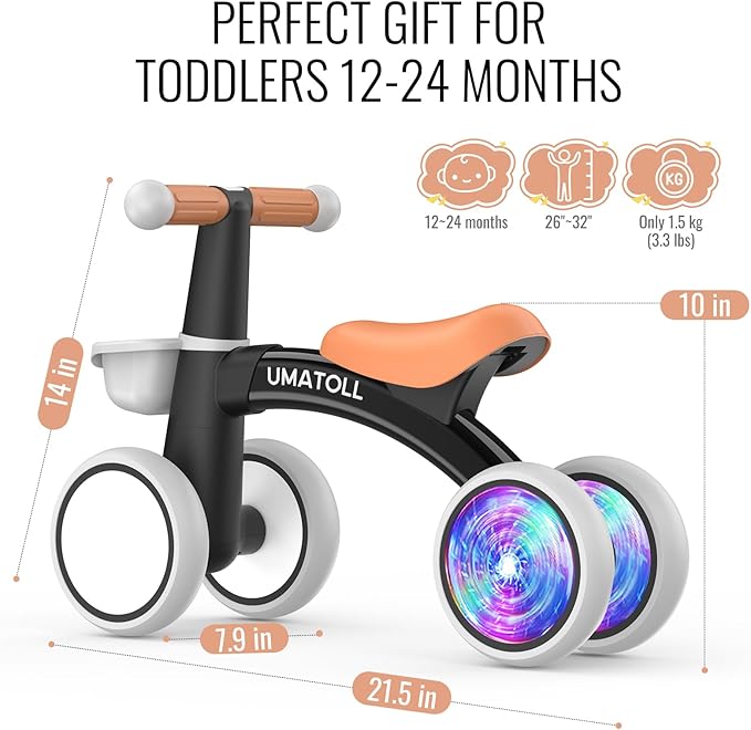 Umatoll Colorful Lighting Baby Balance Bike Toys for 1 Year Old Boys Gifts, Adjustable Seat Baby Walker, One Year Old Boy Birthday Gifts, 12-24 Months Toddler First Ride on Toys
