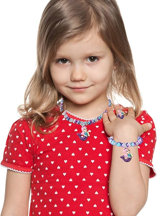 Girls Mermaid Necklace, Bracelet, Ring Set - Dress Up Pretend Play Jewelry Gifts for Kids & Toddlers - Mermaid Party Costume Supplies