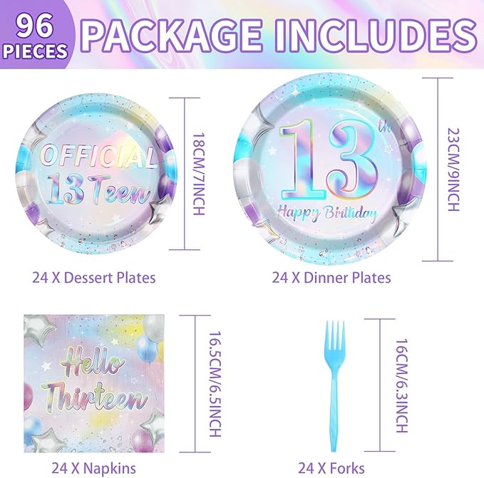 96Pcs 13th Birthday Decorations Iridescent 13th Party Plates and Napkins Disposable 350GSM Official Teen Birthday Tableware Set for Teen Girls Happy 13 Year Old Party Supplies, Serves 24