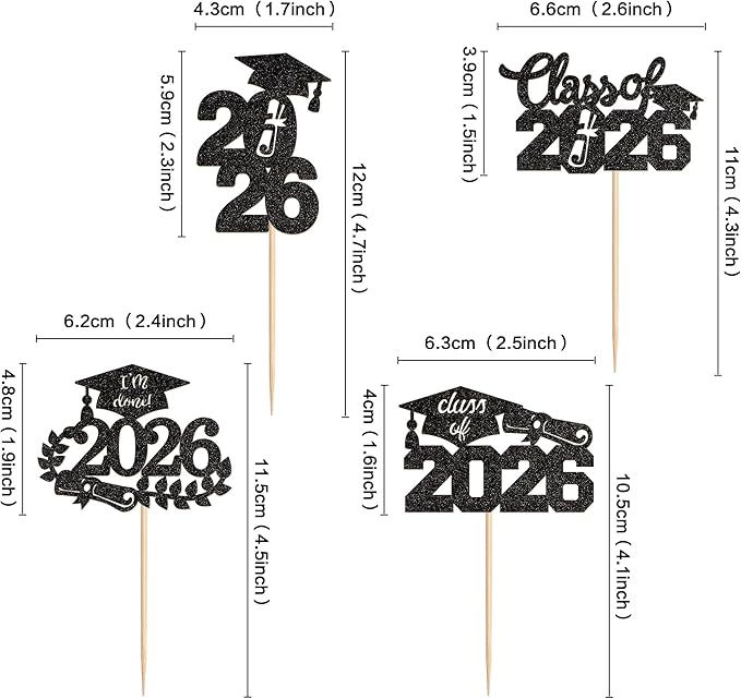 Graduation Cupcake Toppers 2026 Food/Appetizer Picks For Graduation Party Mini Cake Decorations 2026 Cupcake Toppers 24 Pcs (black)