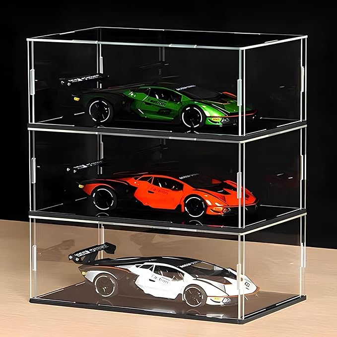 Acrylic Display Case 4x8x26in(Length x Width x Height), Solid Wooden Base Dustproof Clear Display Box Showcase for Cars Diecast Model Cars