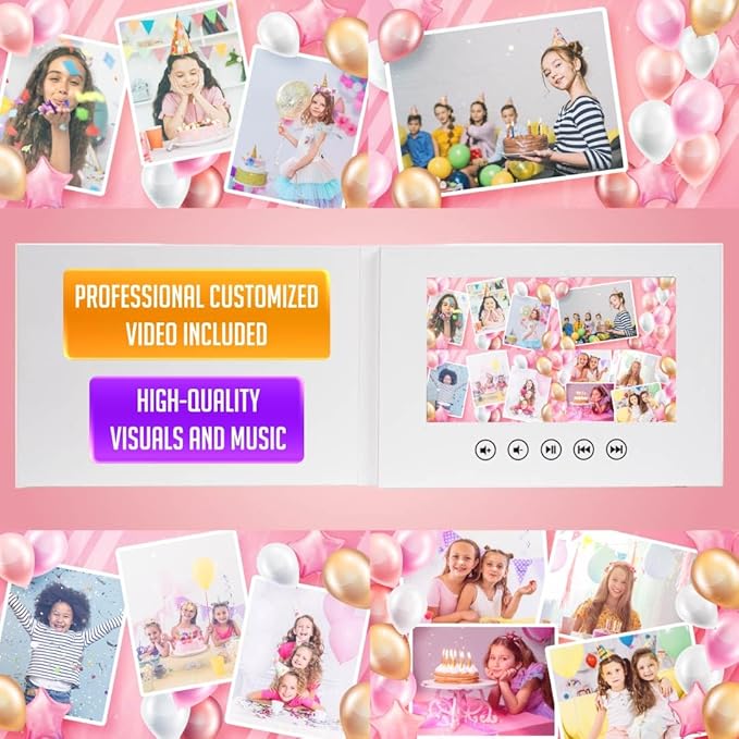 Birthday Slideshow Card for Girls – Upload Photos for Personalized Video – 7” LCD Display, 8GB Memory, USB Charger – Emotional and Fun Gift