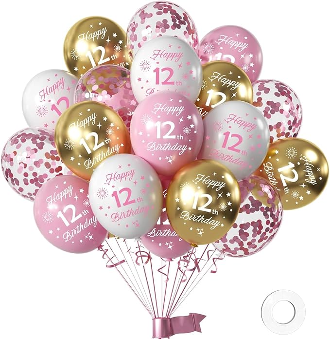 Pink 12th Birthday Balloons for Girls 12th Birthday Party Decorations, 12inch 16pcs Pink Gold Happy 12th Birthday Balloons, Party Balloons Confetti Balloons for Girls Princess Theme Party Deocorations