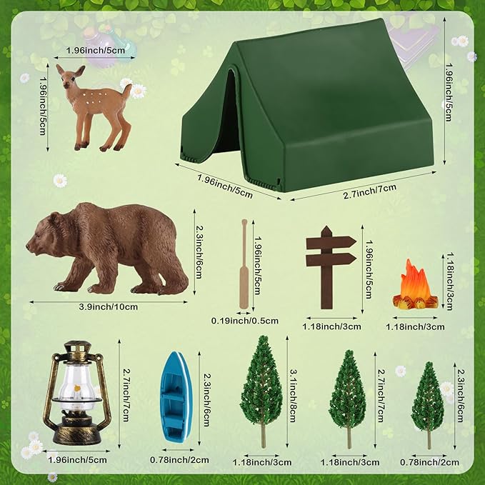 Hooqict 12 Pcs Camping Cake Decorations Set with Mini Tent, Campfire, Tree, Camp Sign, Safari Animals Camping Cake Toppers for Kids Adults Forest Themed Birthday Party Supplies