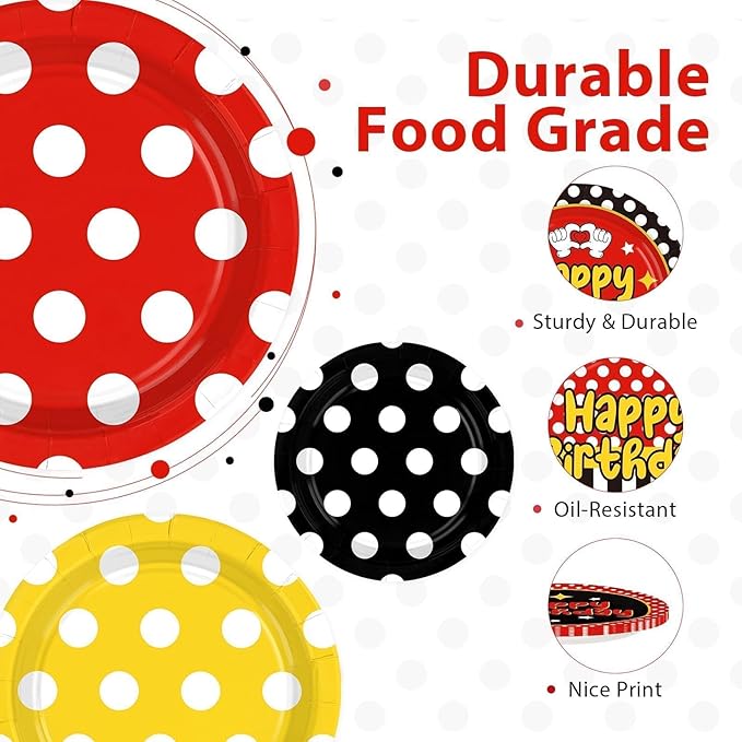 Grencian 60 Pcs Cartoon Mouse Birthday Party Decorations 9” Red Mouse Birthday Party Plates Red Black Yellow Polka Dot Platter Decorations for Halloween Boys Girls Cartoon Theme Parties Supplies