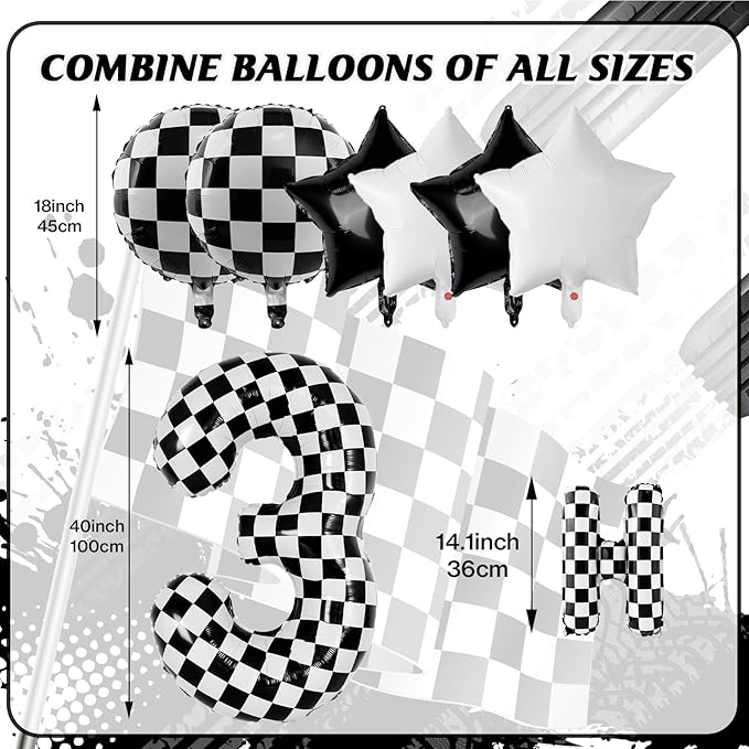 Racing Cars Themed Happy Birthday Banner Party Decorations Set Including 40 Inch Number 3 Foil Balloons, Themed Party Essentials, Checkered Backdrop Supplies for Boys Indoor Outdoor Celebration