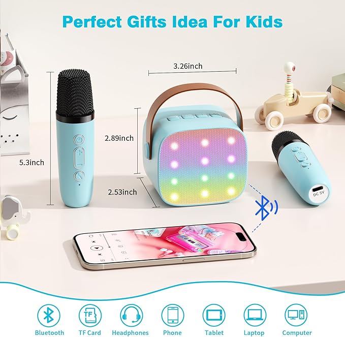 Mini Karaoke Machine with 2 Wireless Microphones, 2026 TOP Kids Portable Bluetooth Karaoke Machine for 3, 4, 5, 6, 7, 8, 9,10,11,12+Year Old, Christmas Birthday Gifts for Girls Boys Adults Home Party