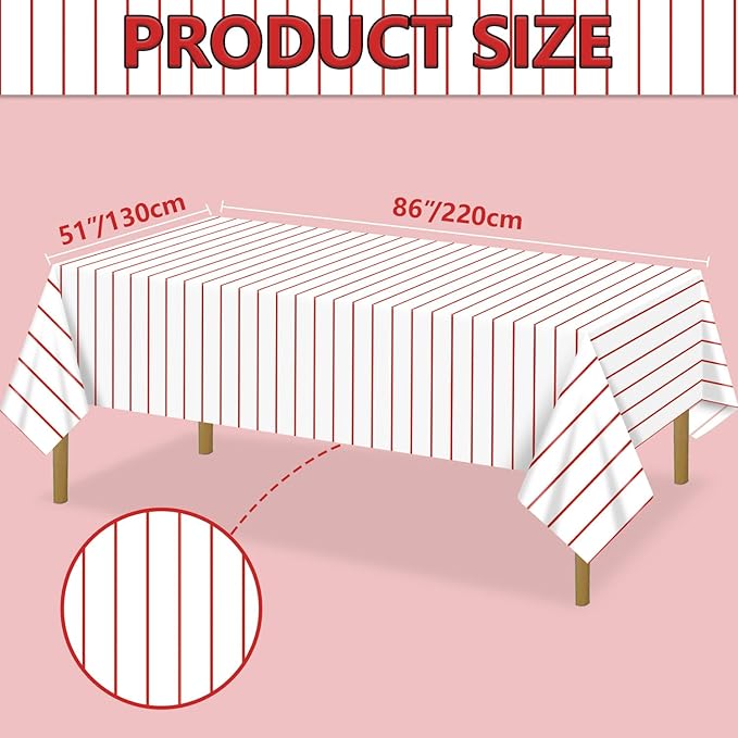 Baseball Tablecloths, 4 Pcs Red and White Stripe Plastic Table Covers for Baseball Birthday Decorations Sports Theme Party Supplies