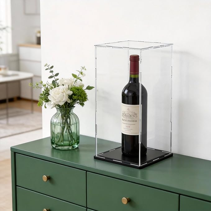 Acrylic Display Case for Red Wine Bottle and Dolls, Versatile Clear Acrylic Display Box with Black Base for Showcase and Displaying, 5x5x14-inch