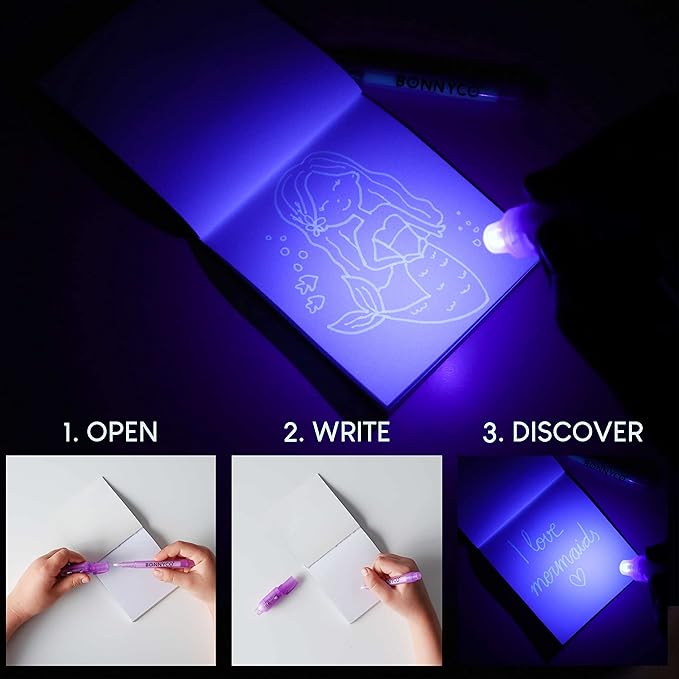 BONNYCO Invisible Ink Pen and Notebook Pack 16, Mermaid Party Favors for Kids. Magic Spy Pen Goodie Bags Stuffers for Kids, Mermaid Party Supplies. Goody Bag Stuffers, Return Gifts Birthday Prizes