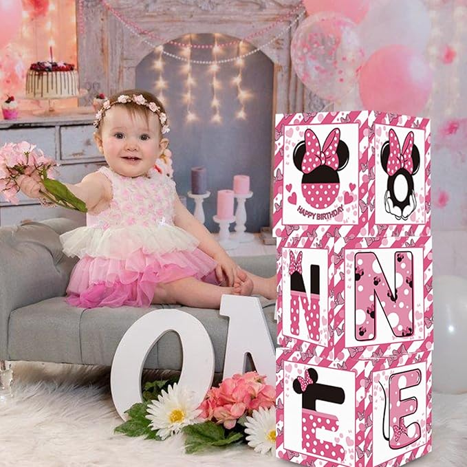 TONIFUL Pink Mouse 1st Birthday Party Supplies Pink Balloon Box with Letters, Mouse Theme One Year Old Birthday Party Favors for Girls Baby Shower B-Day Decoration