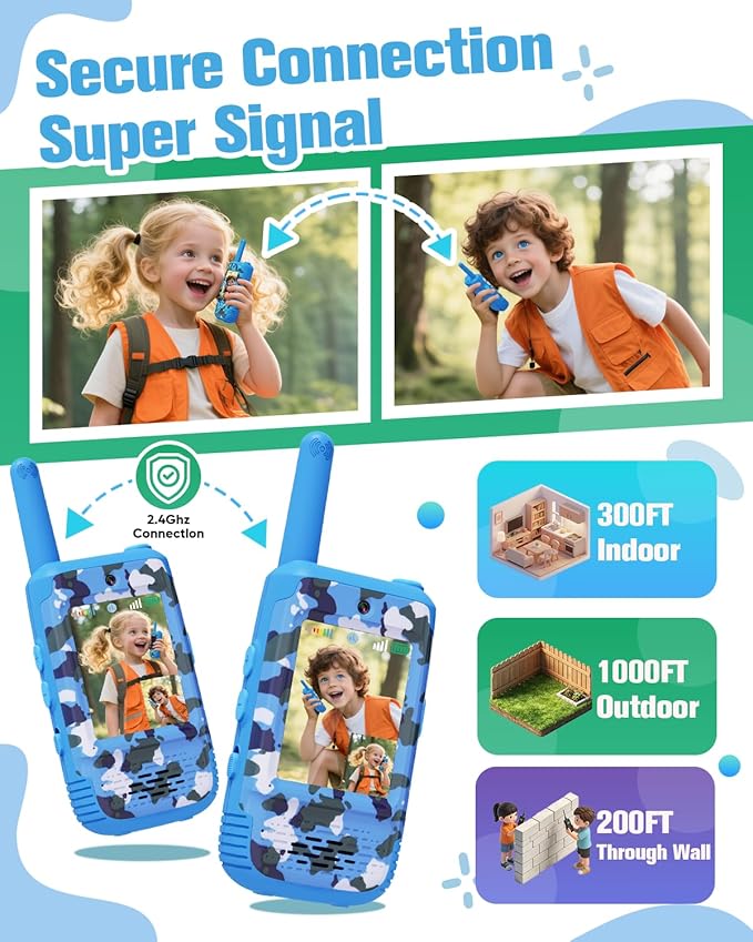 Video Walkie Talkies for Kids with Voice Changer, 2 Pack Rechargeable Kids Walkie Talkies, Outdoor Play Toys Birthday Gifts for 3-12 Year Old Boys Girls, Camping Hiking Family Games