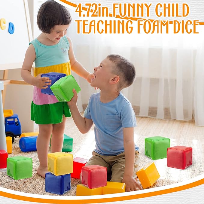 Yilloog 4 Pcs Large Foam Dice with Pockets DIY Education Playing Soft Dice Cube Learning Teaching Stacking Blocks Photo(4.72 Inch,Classic Color)