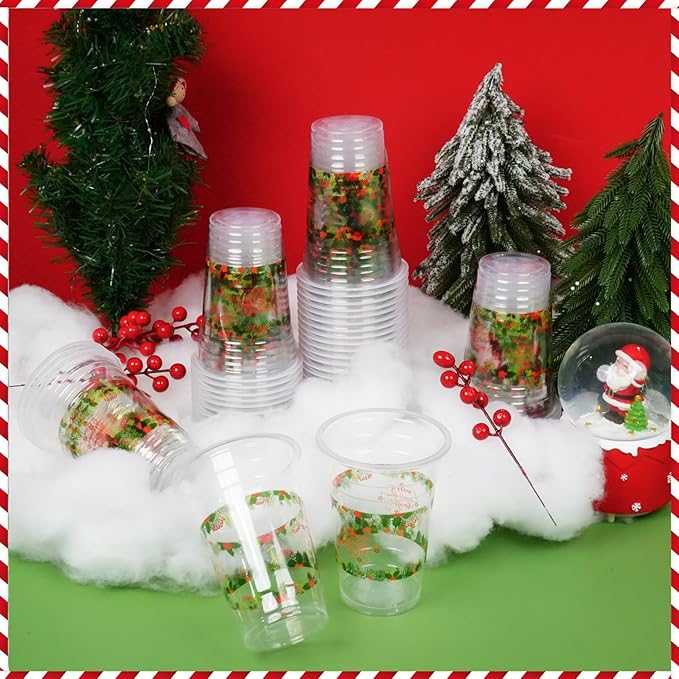 60 Pieces 16oz Christmas Poinsettia Cups,Holiday Party Drinkware Table Decorations Supplies,Plastic Disposable Cups for Merry Christmas Party Decorations