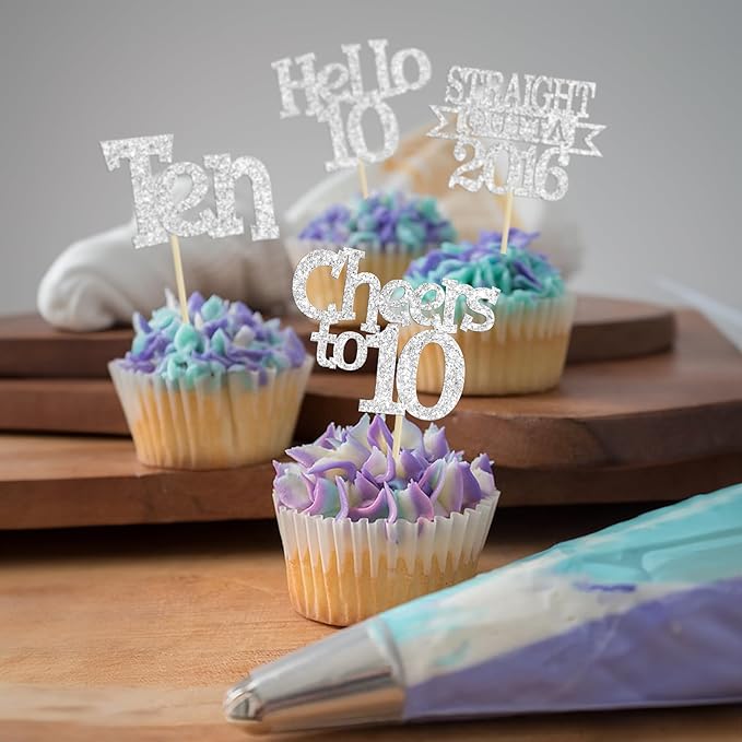 Ephlyn 24Pcs Happy 10th Birthday Cupcake Toppers Glitter Ten Cupcake Picks Hello 10 Cheers to 10 Years Cake Decorations for 10th Birthday Anniversary Party Decorations Supplies Silver