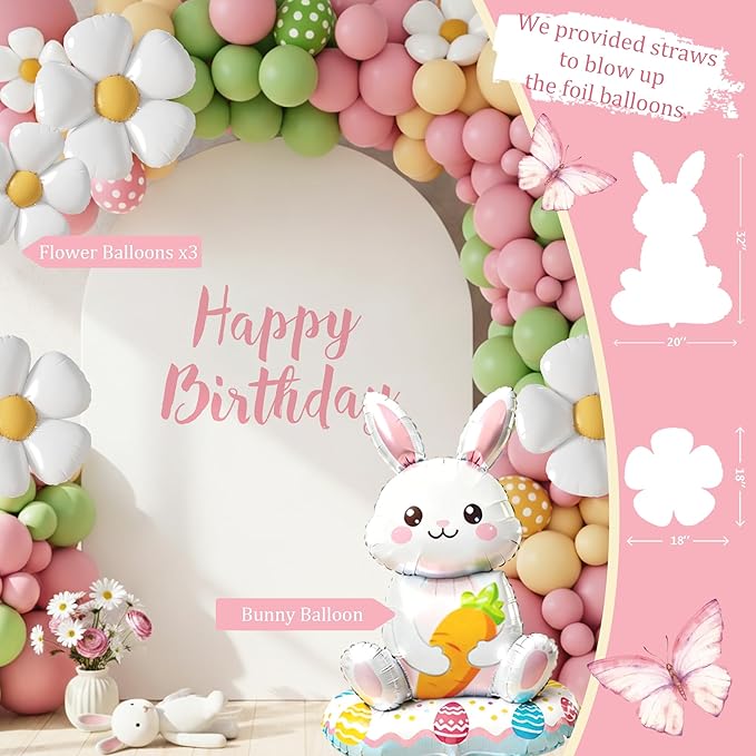 Easter Bunny Birthday Party Decorations, Spring Bunny Birthday Party Decorations for Girls, Easter-Themed Party Supplies Kit, Floral Backdrop Balloon Garland Banner Backdrop Tablecloth for Birthday