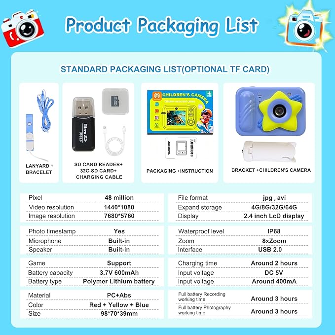 Waterproof Kids Toy Camera with 32GB Card,48MP 1080P HD Underwater Digital Camera – IP68 Shockproof Gift for Boys & Girls 3 4 5 6 7 8 9 10 Years, Ideal Christmas & Birthday Present – Blue
