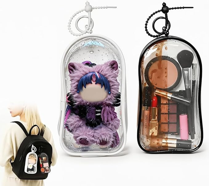 2Pcs Clear Display Case for 17/15cm Plush Doll -Portable Storage Bag with Keychain, Waterand Dust-Resistant,Protective Cover for Collectible Toys,Jewelry,Cosmetics,Ornaments,Data Line (White+Black)