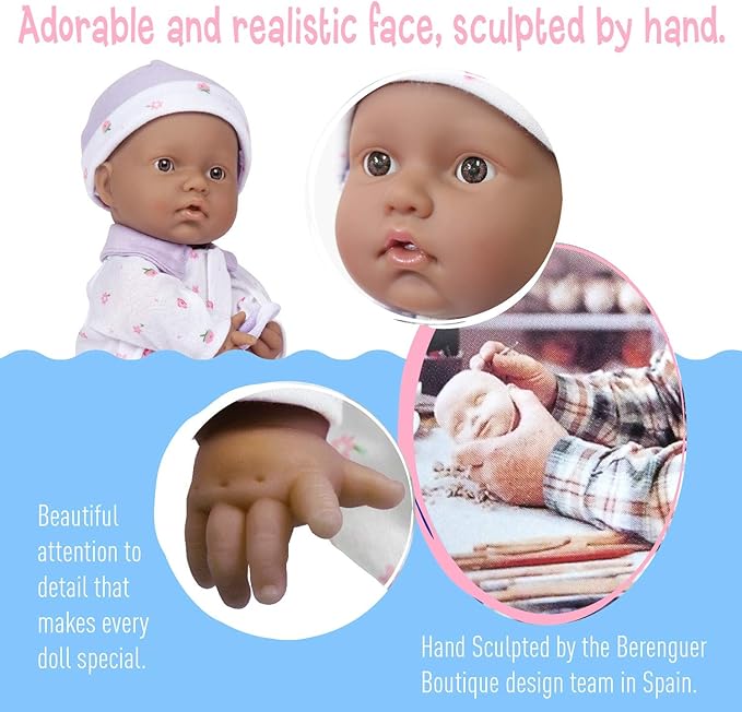 JC Toys La Baby Hispanic Baby Doll Set – 11 Inch Soft Body Doll with Accessories Including a Removable Purple Outfit – Small Baby Doll Toy for Children 12 Months and Older