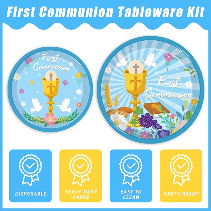 96 Pcs Blue Baptism Plates and Napkins, First Holy Communion Party Decorations Supplies for Boys God Bless Christening Celebration Party Baby Shower Disposable Paper Dinnerware, Serves 24
