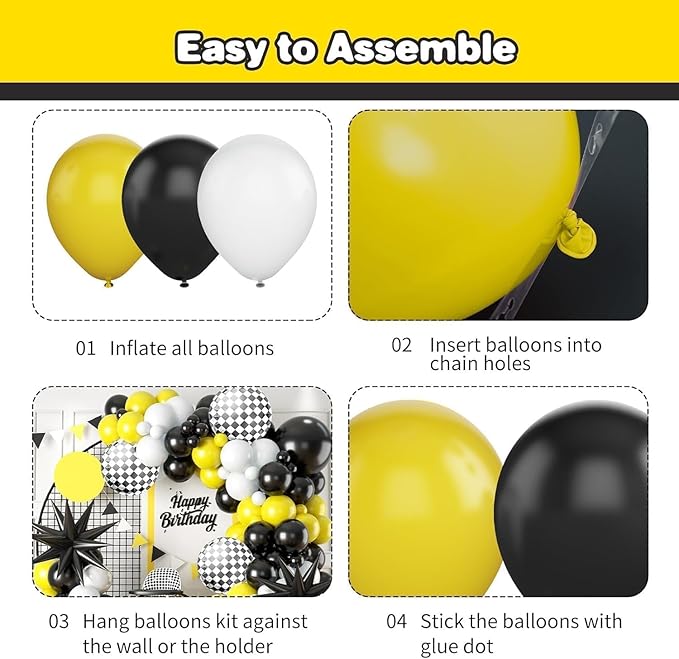 Black White Yellow Balloon Arch Kit,Balloons Garland Kit with Black White Checkered Star Balloons for Boys 1st Birthday Party Decorations