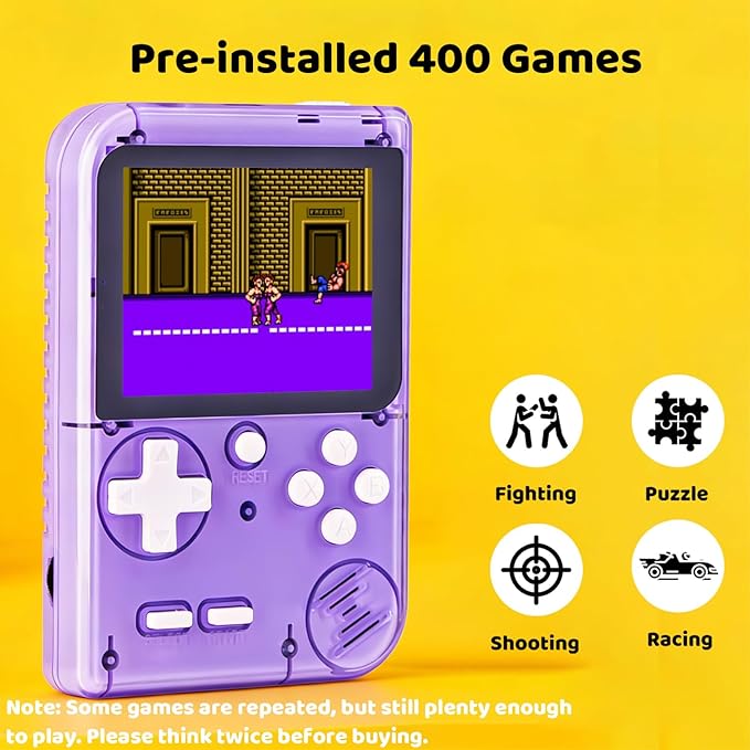 Kids Handheld Game Console Pre-Loaded 400 Classic Games, Portable Video Game Console with 2.8" Color Screen, Rechargeable Battery, Handheld Electric Game Console for Boys Girls (Purple)